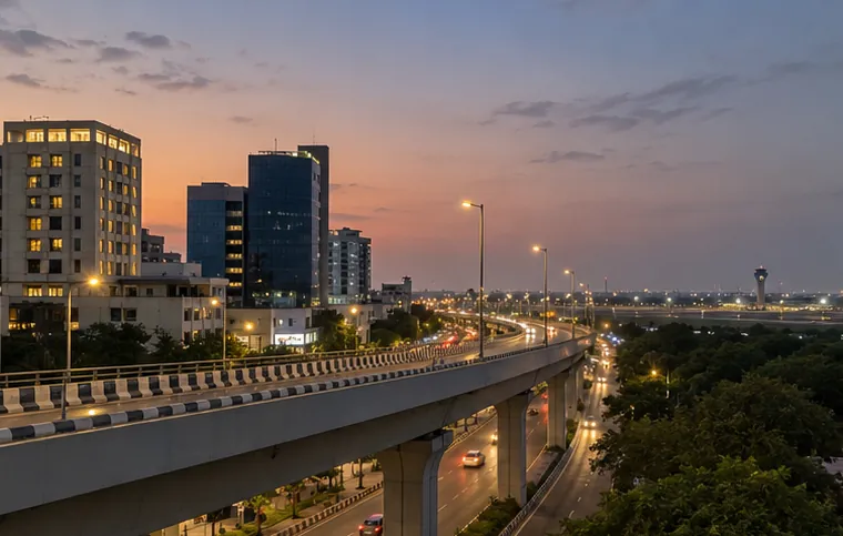 The Begumpet flyover at dusk, with hotels and offices along the main road