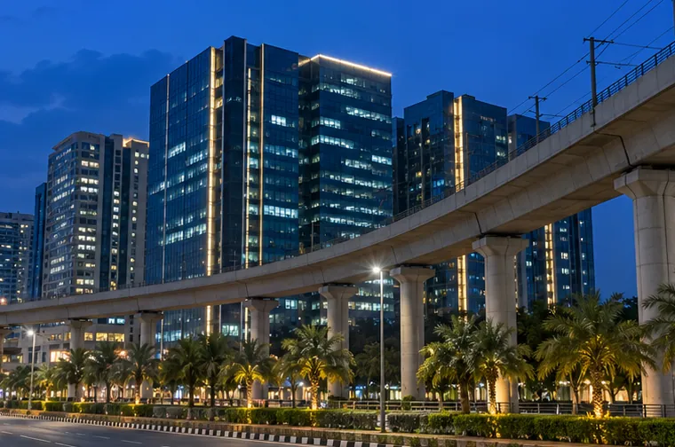 Glass office towers and the metro line in Hitech City at dusk