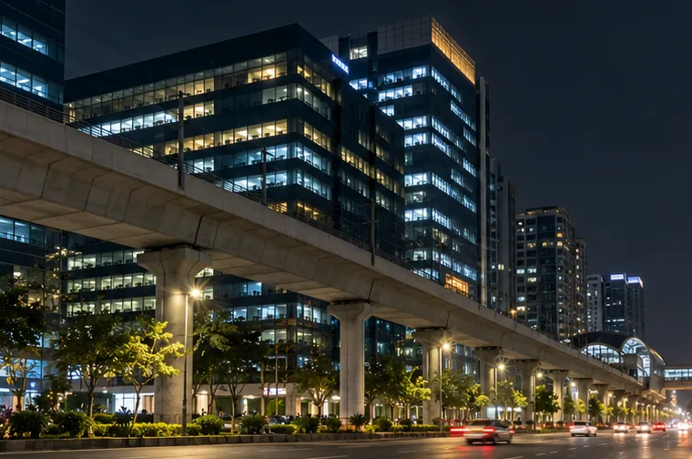 Office towers and the Blue Line metro over the Madhapur main road at night