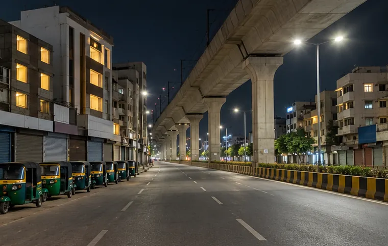 The metro line over the main road in SR Nagar at night, autos waiting by the shops
