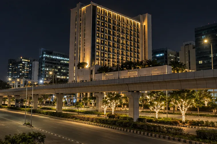 A big lit hotel building beside the metro line in Somajiguda at night