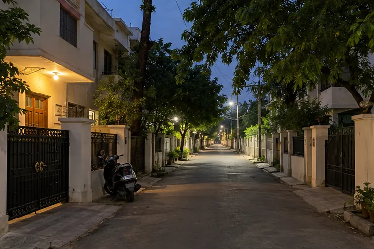 A quiet residential lane in Vijay Nagar Colony at night