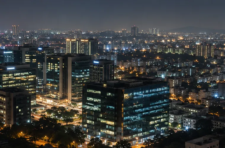 Hyderabad at night from a height: the lit towers of the IT side and the old city far behind