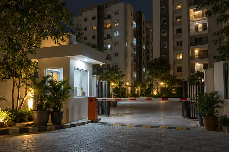 A gated apartment colony entrance at night in east Hyderabad with a guard cabin and a boom barrier