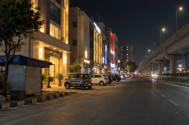 Budget hotels with lit entrances along the Vijayawada highway service road near LB Nagar at night