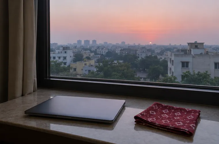 Dawn at 6 AM from a Hyderabad hotel window, a folded red ikat handkerchief on the sill