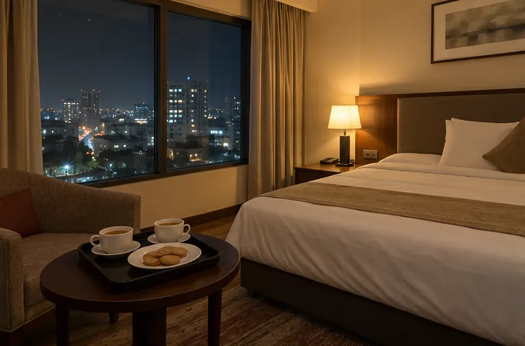 A Hyderabad hotel room at 2 AM with the city lights in the window and two cups of tea on a tray