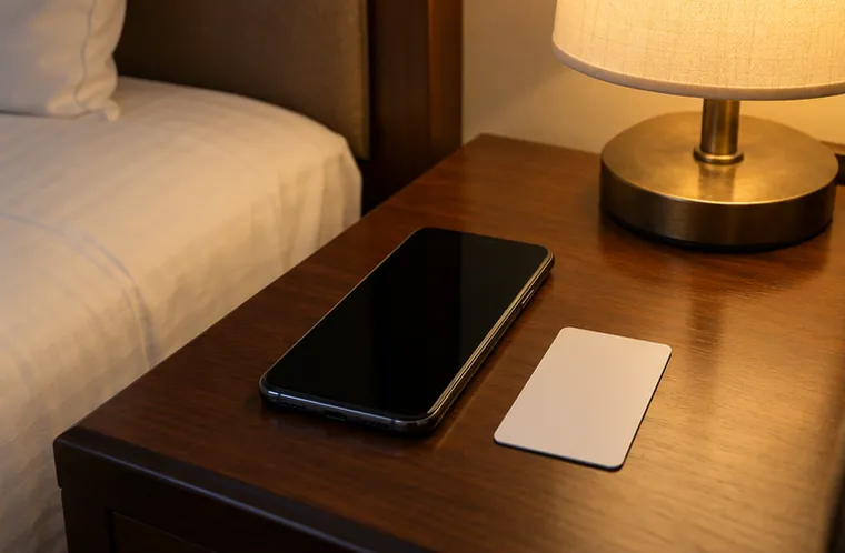 A phone and a hotel key card on a bedside table in a Hyderabad hotel room