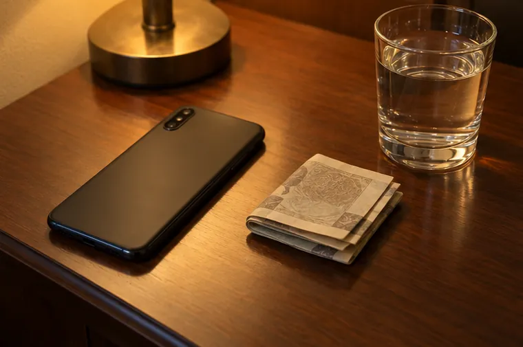 A phone showing a UPI payment screen next to a few rupee notes on a hotel side table