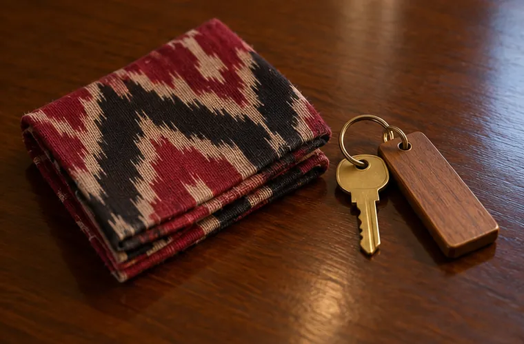 A folded ikat handkerchief and a hotel room key on a wooden table
