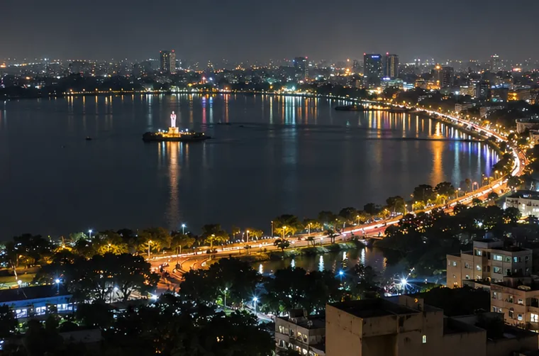 Hyderabad at night from a hotel window, Hussain Sagar lake and the city lights