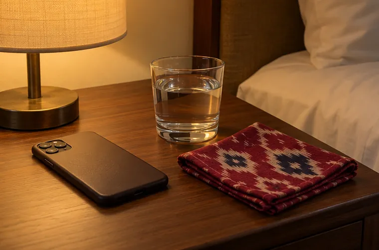 A phone face down on a hotel bedside table next to a folded red ikat handkerchief