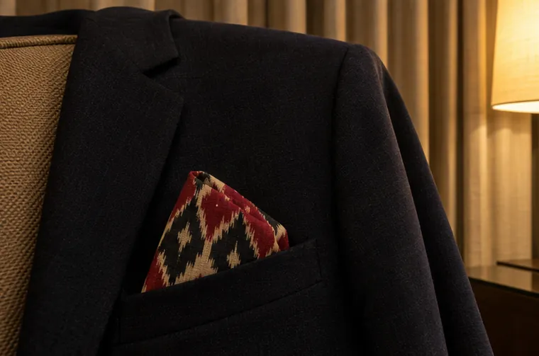 A folded ikat handkerchief tucked into the pocket of a dark blazer on a hotel chair