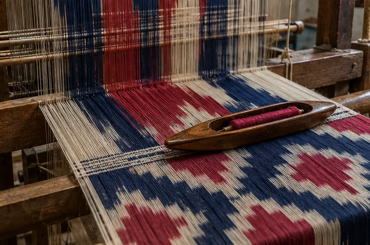 Ikat threads in indigo, madder red and cream stretched on a Pochampally loom