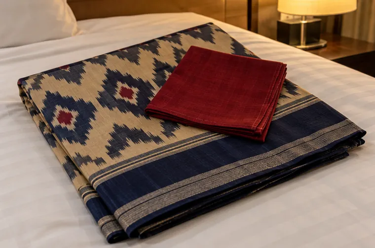 A cream and indigo Pochampally ikat saree folded on a hotel bed with a red rumal on top