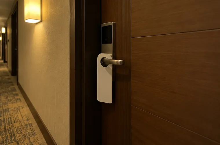 A closed hotel room door with a do-not-disturb card on the handle, soft corridor light