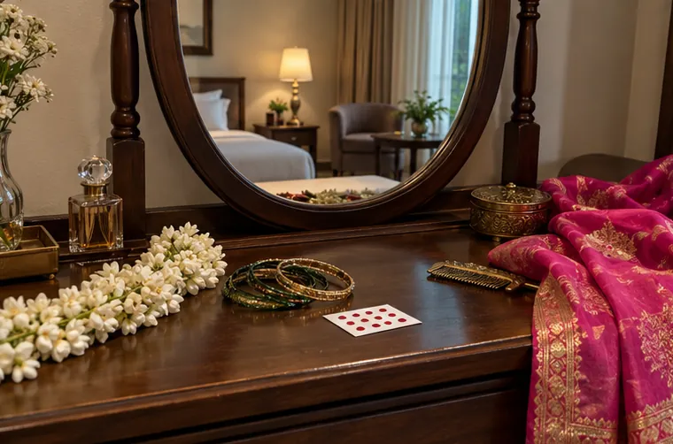 Jasmine flowers, glass bangles and a pink silk saree on a wooden dressing table with a mirror
