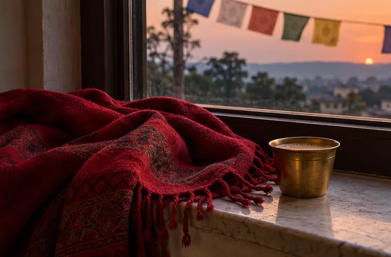 A red wool shawl and a brass cup on a window ledge, colourful flags and hills at sunset outside