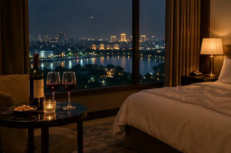 Two glasses of red wine by a hotel window at night, the lake and city lights outside