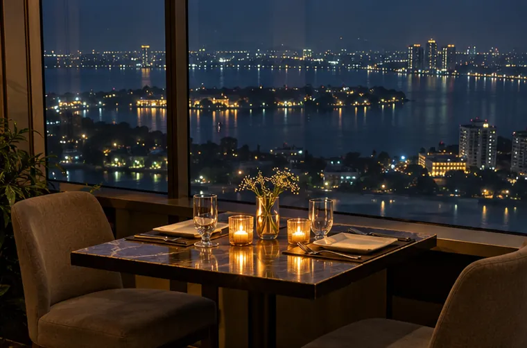 A candle-lit dinner table for two by a window, the lake and the city lit up at night