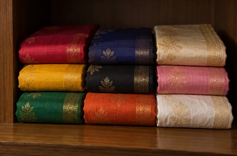 Nine folded silk scarves in different colours stacked on a wooden shelf, no people